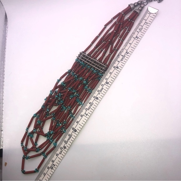 VTG Tibet Coral Tube Bead & Turquoise Chunk Multi Strand Statement Necklace 22” - Picture 4 of 5